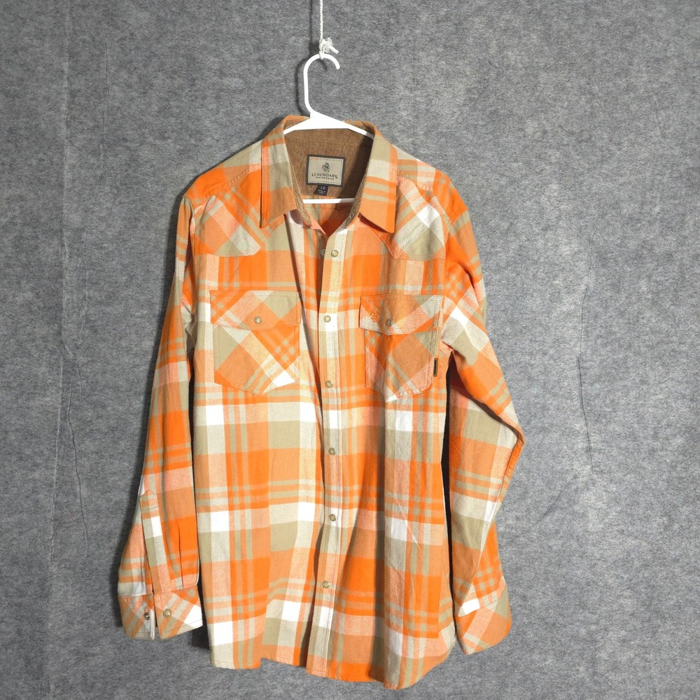 Legendary Whitetails Western Shirt Men L Orange Plaid Flannel Snap Corduroy 6577